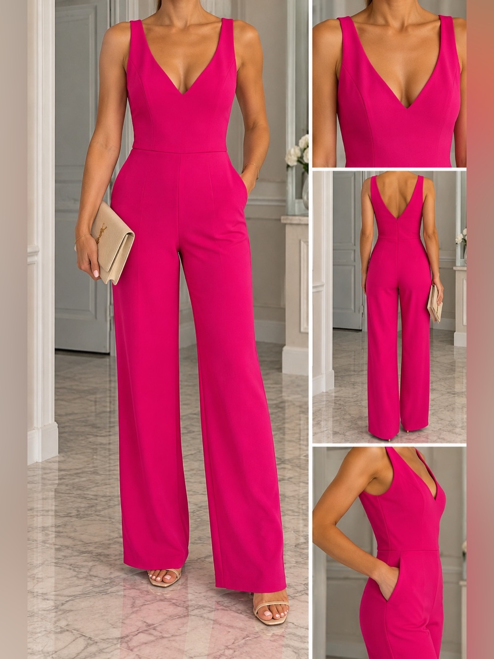 Nwt Hot Pink V-Neck Wide-Leg Sleeveless Jumpsuit